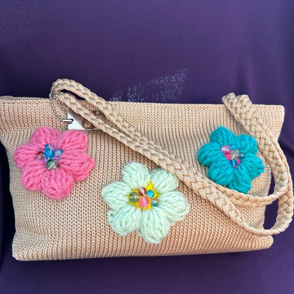 Beige Floral Knit Tote Bag